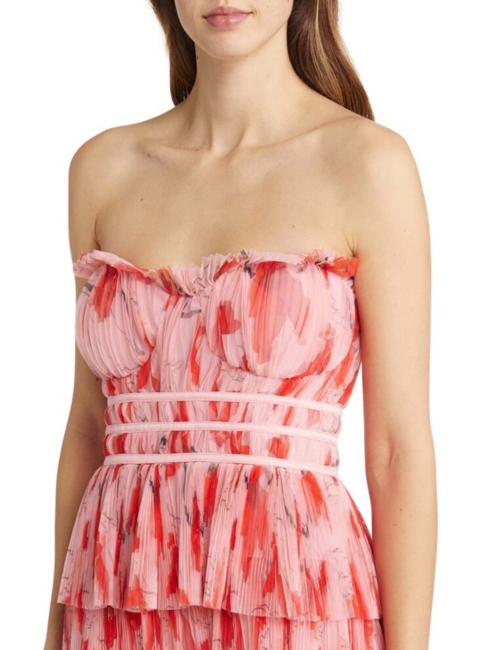 Hutch Monaco Romantic Brunch wedding Strapless Ruffle Tiered Plissé Gown 10 AB - Picture 3 of 11